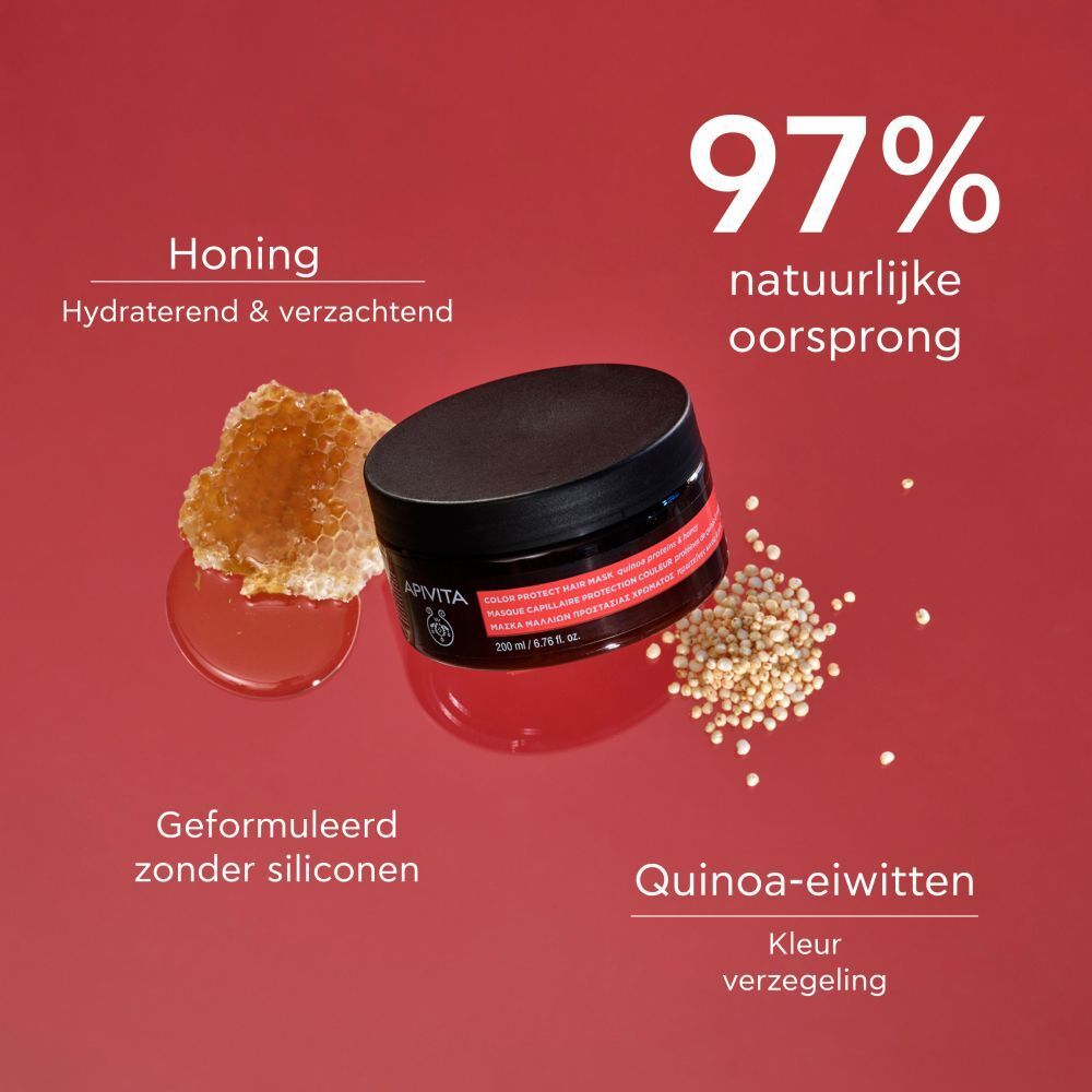 Ronde pot met zwarte deksel. Opschrift: APIVITA Color Protect Hair Mask. Bruine pot met rood etiket.