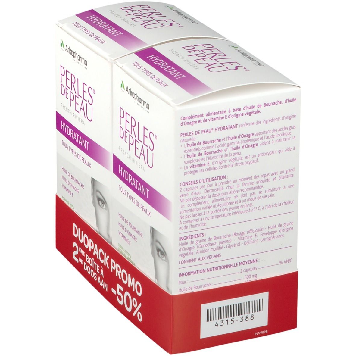 Dubbelverpakking Arkopharma Perles de Peau. Wit-paarse doos met productinformatie en ingrediënten. Duo-Pack promo -50%.