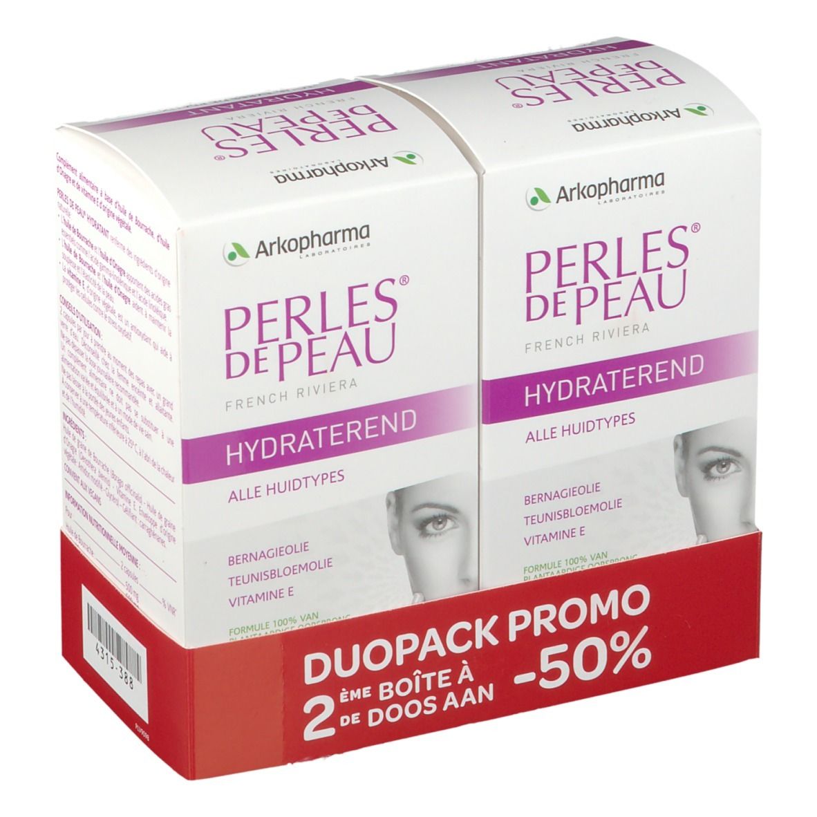 Dubbelverpakking Arkopharma Perles de Peau. Wit-paarse doos met productnaam, ingrediënten en gezicht. Duo-Pack promo -50%.