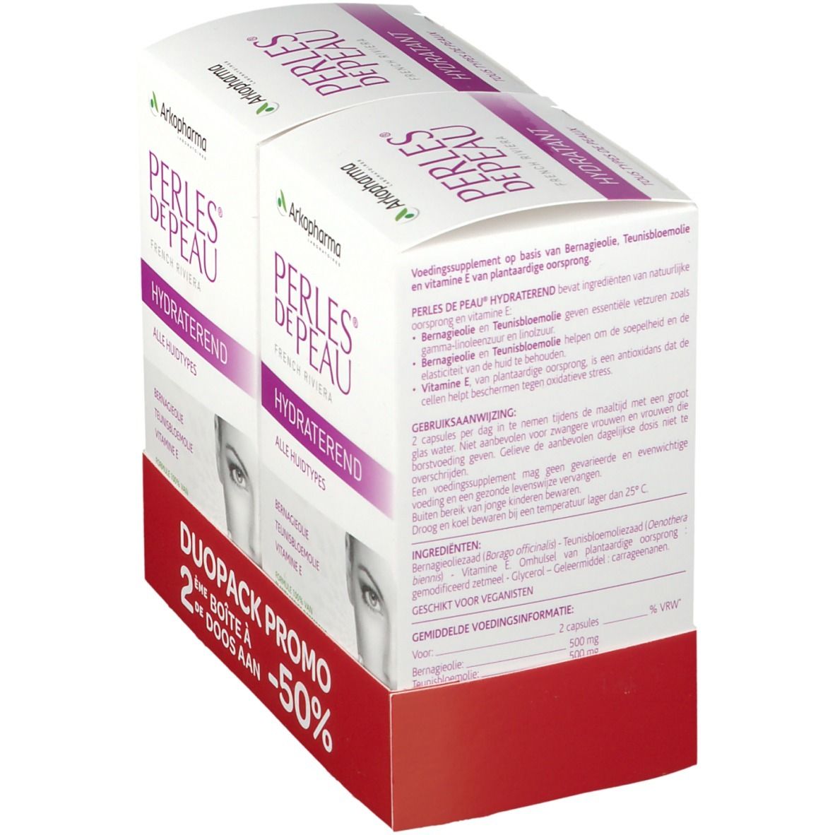 Dubbelverpakking Arkopharma Perles de Peau. Wit-paarse doos met productinformatie en ingrediënten. Duo-Pack promo -50%.