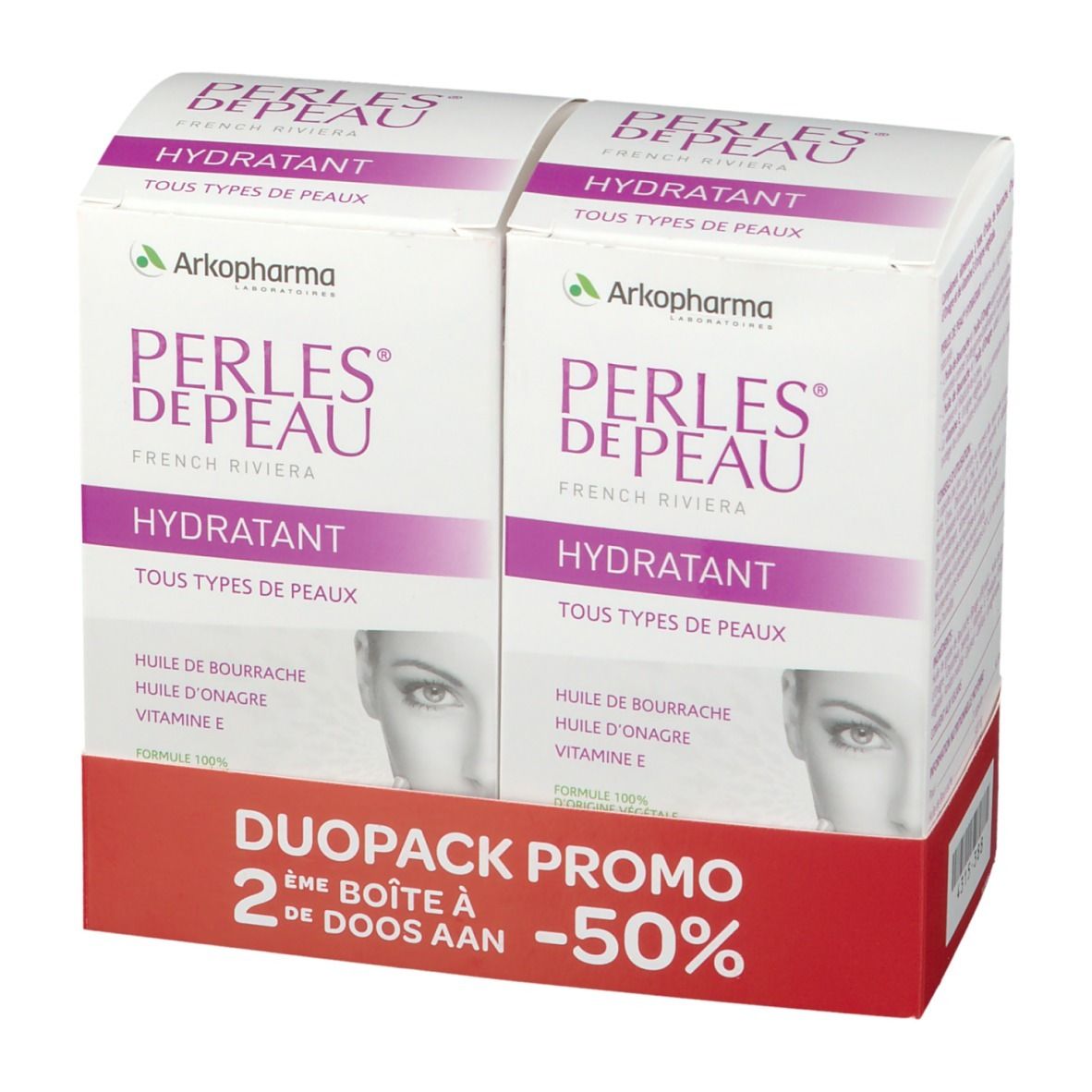 Dubbelverpakking Arkopharma Perles de Peau. Wit-paarse doos met productnaam, ingrediënten en gezicht. Duo-Pack promo -50%.