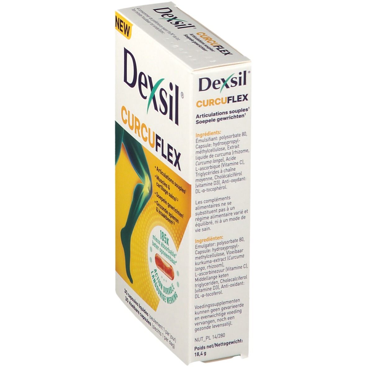 Verpakking DexSil CurcuFlex. Witte doos met productnaam en ingrediëntenlijst. Bevat 30 capsules.