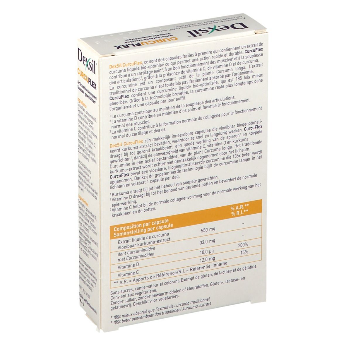 Achterkant van de DexSil CurcuFlex-verpakking. Tekstinformatie en ingrediënten. Bevat 30 capsules.