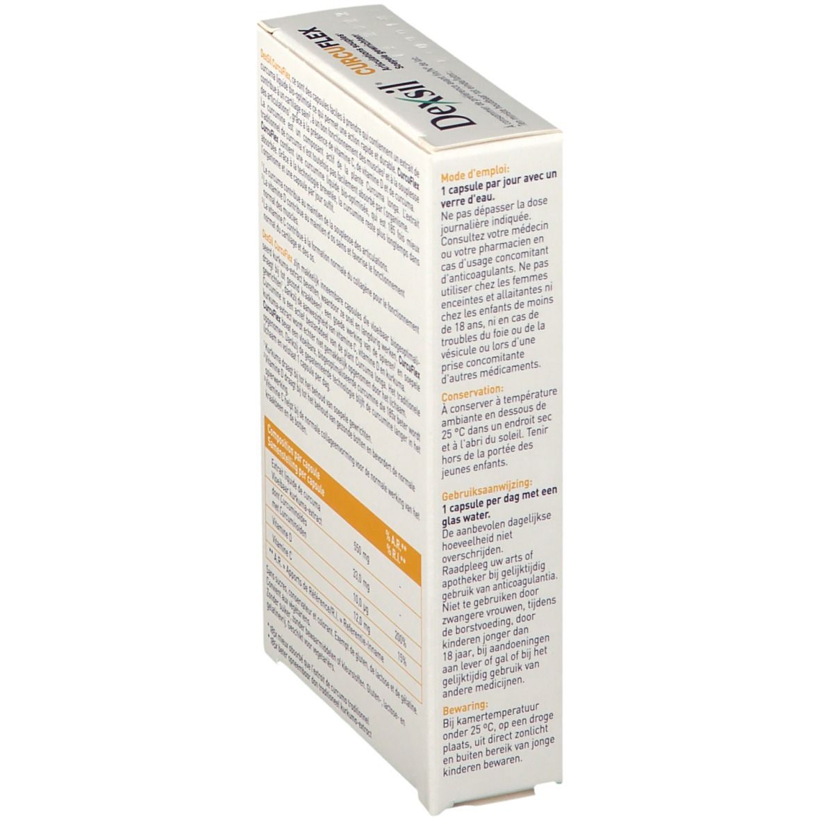 Zijkant van de DexSil CurcuFlex-verpakking. Tekstinformatie en dosering. Bevat 30 capsules.