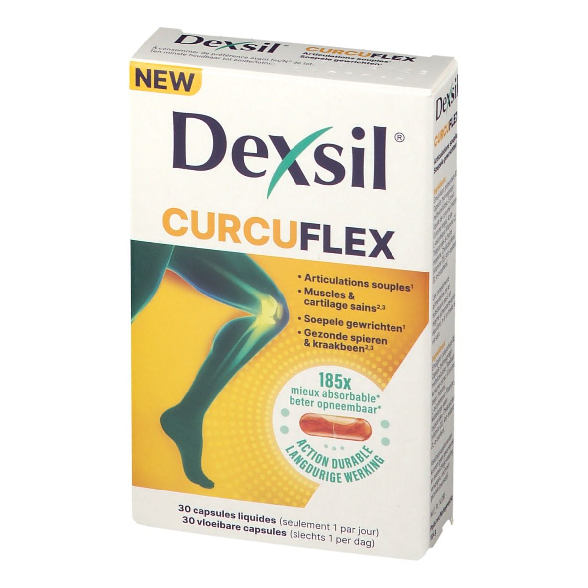 Verpakking van DexSil CurcuFlex. Witte doos met productnaam en beenillustratie. Bevat 30 capsules.
