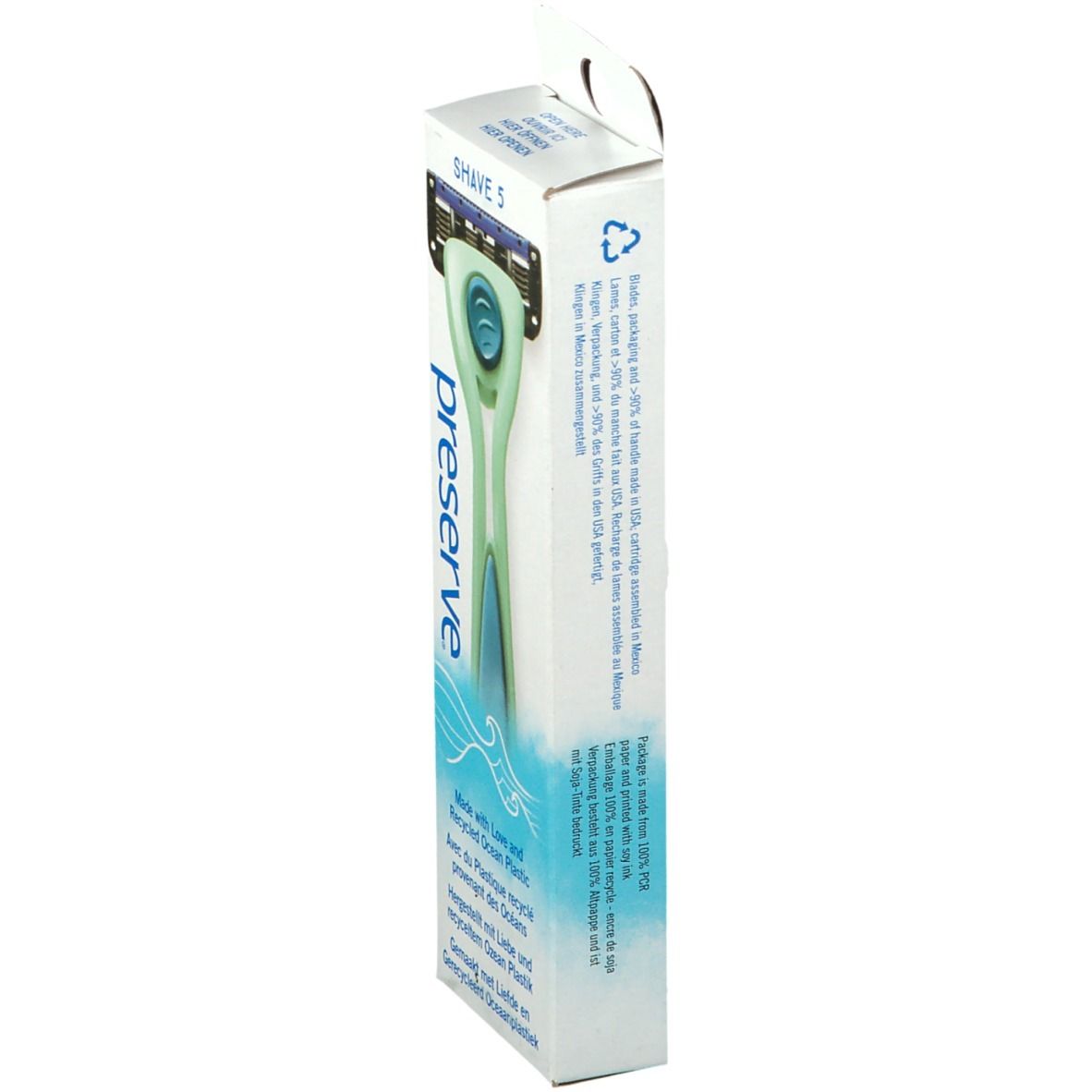 Verpakking met scheermes. Merk: preserve. Product: SHAVE 5. Tekst: Made with Love and Recycled Ocean Plastic.