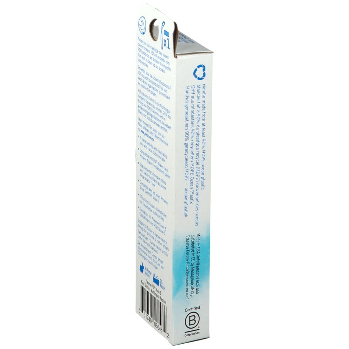 Zijaanzicht van de verpakking. Tekst: Gemaakt van gerecycled plastic. Certificeringslogo.