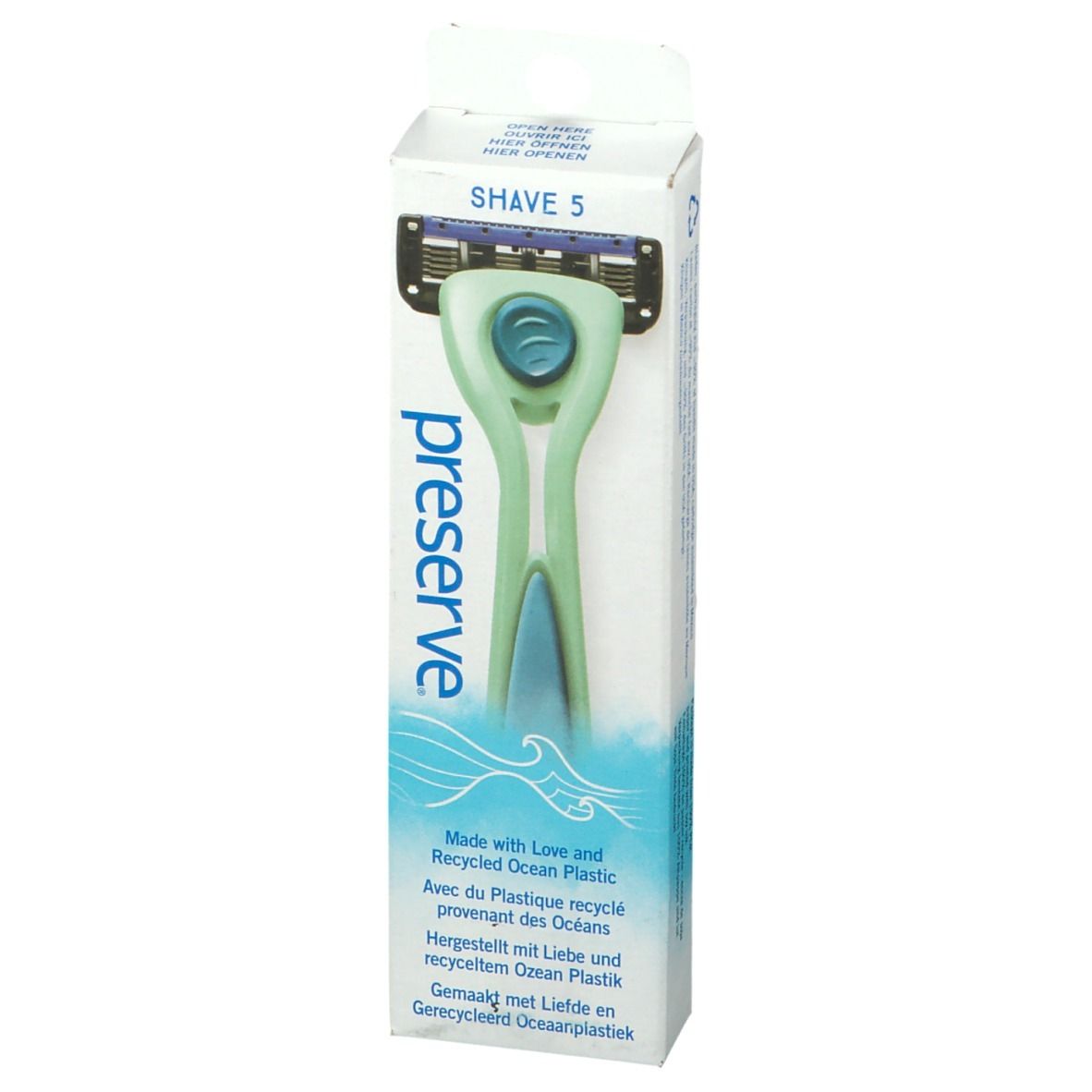 Groen scheermes in verpakking. Merk: preserve. Product: SHAVE 5. Verpakking met golfpatroon en tekst.