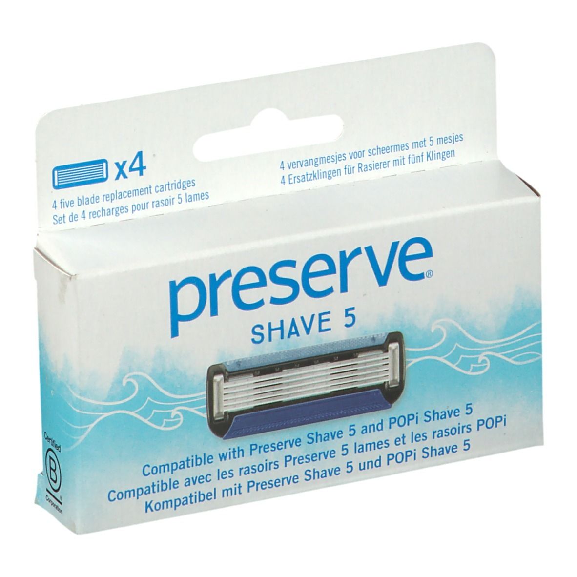 Verpakking met scheermesjes. "preserve SHAVE 5" tekst. Bevat 4 mesjes.