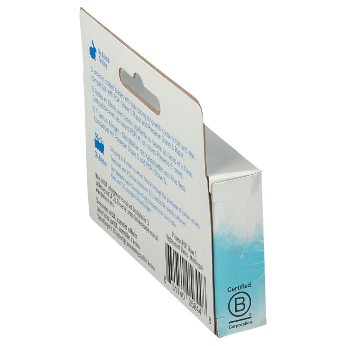 Schuine weergave van de verpakking. "preserve SHAVE 5" mesjes. Certificering.