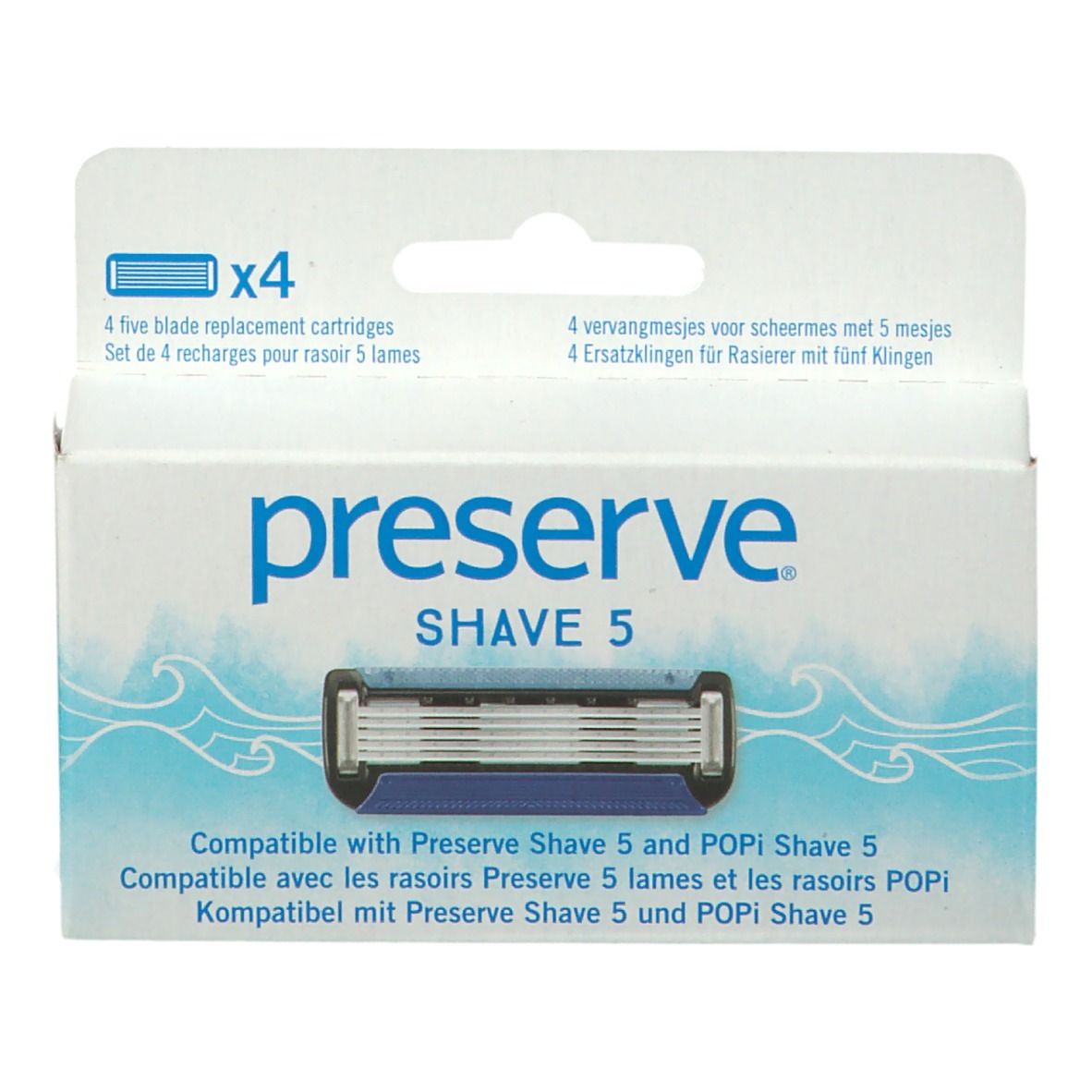 Verpakking met scheermesjes. "preserve SHAVE 5" tekst. 4 mesjes.