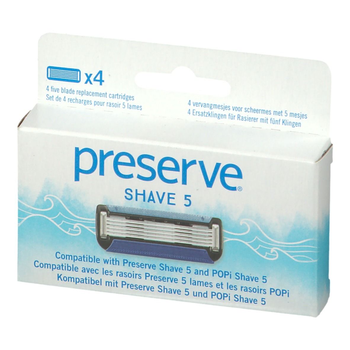 Verpakking met scheermesjes. "preserve SHAVE 5" tekst. 4 mesjes.