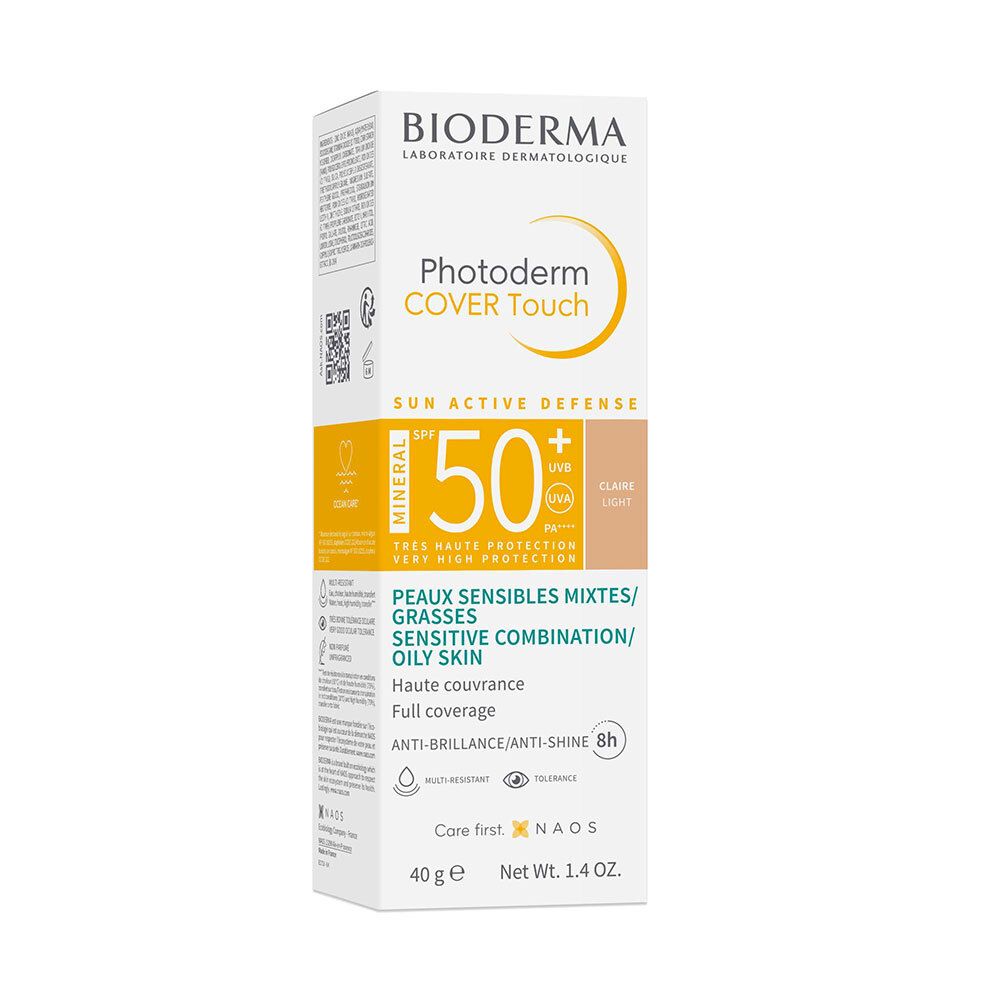 Verpakking Bioderma Photoderm Cover Touch. SPF 50+. Voor gemengde huid. Witte doos met tekst en info.