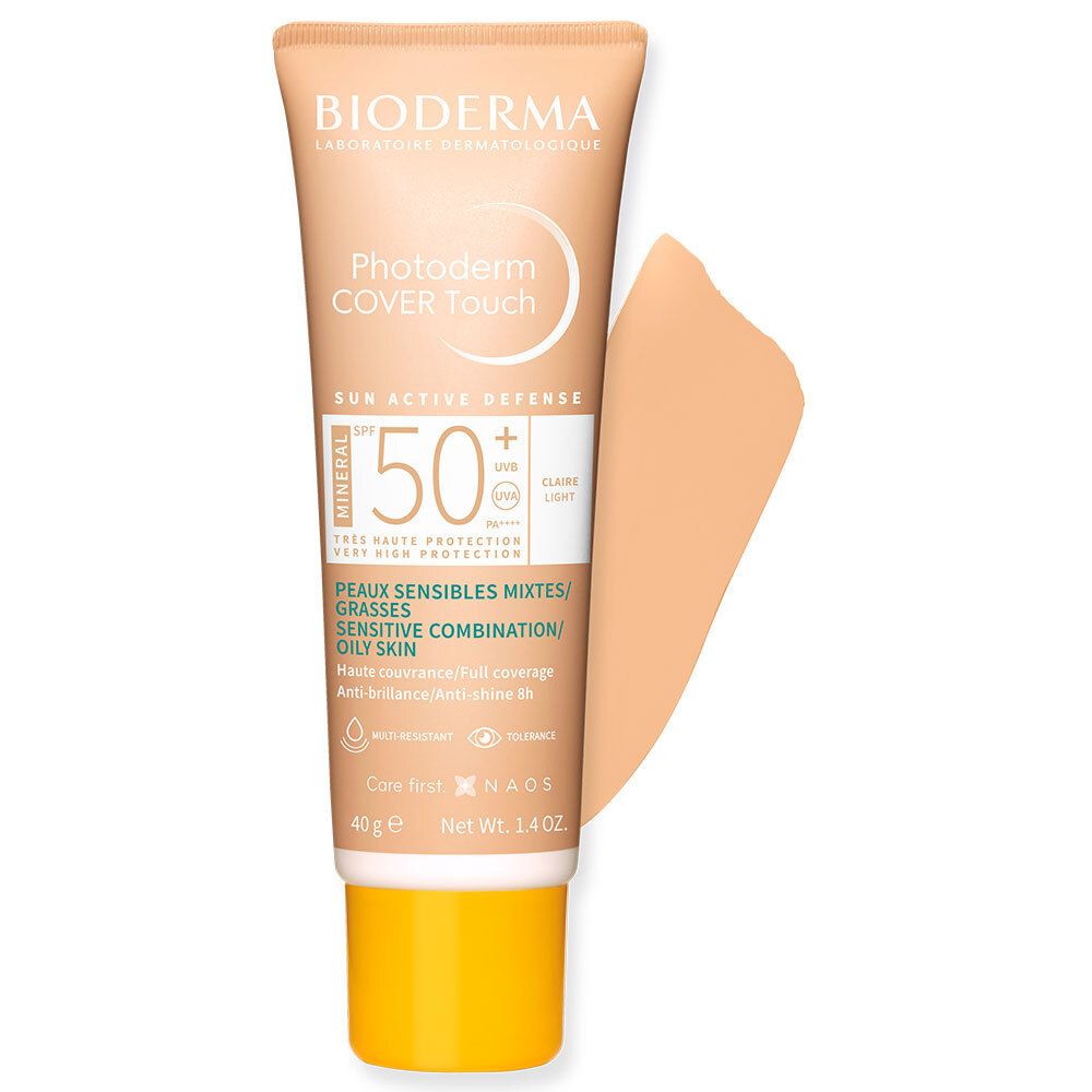 Bioderma Photoderm Cover Touch, tube. SPF 50+. Beige kleurstaal. Tekst zichtbaar. Gele dop.