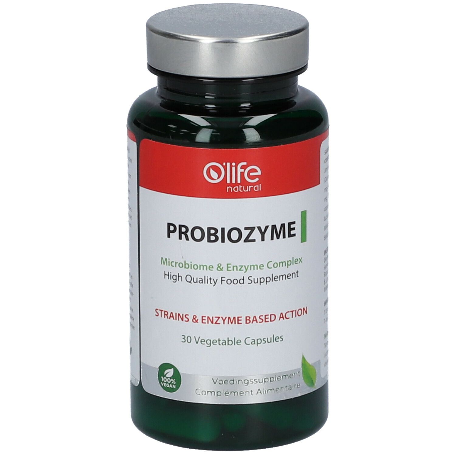 Flacon vert, bouchon argenté. Étiquette PROBIOZYME, marque O'Life natural. 30 gélules végétales.