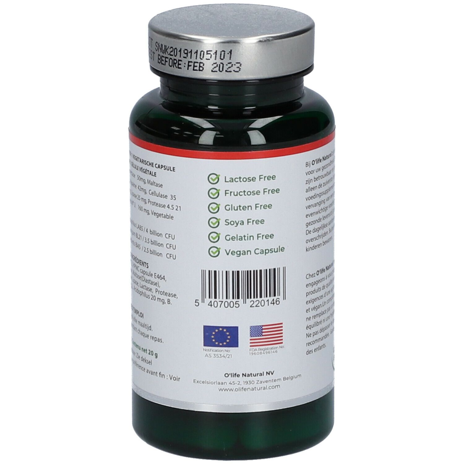 Dos du flacon. Étiquette avec ingrédients, code-barres, 'Lactose Free', 'Vegan Capsule'.