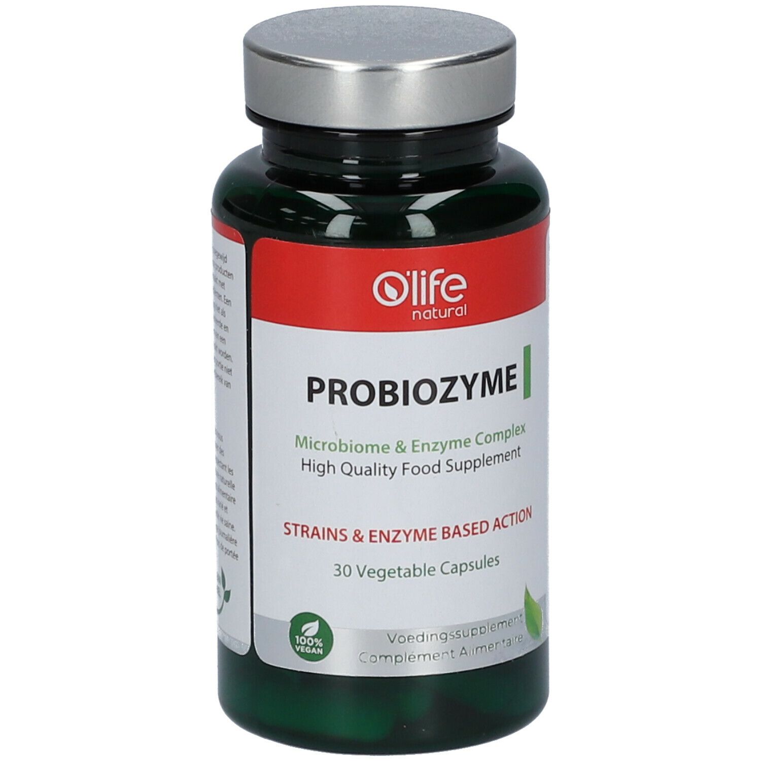 Flacon vert, bouchon argenté. Étiquette PROBIOZYME, marque O'Life natural. 30 gélules végétales.