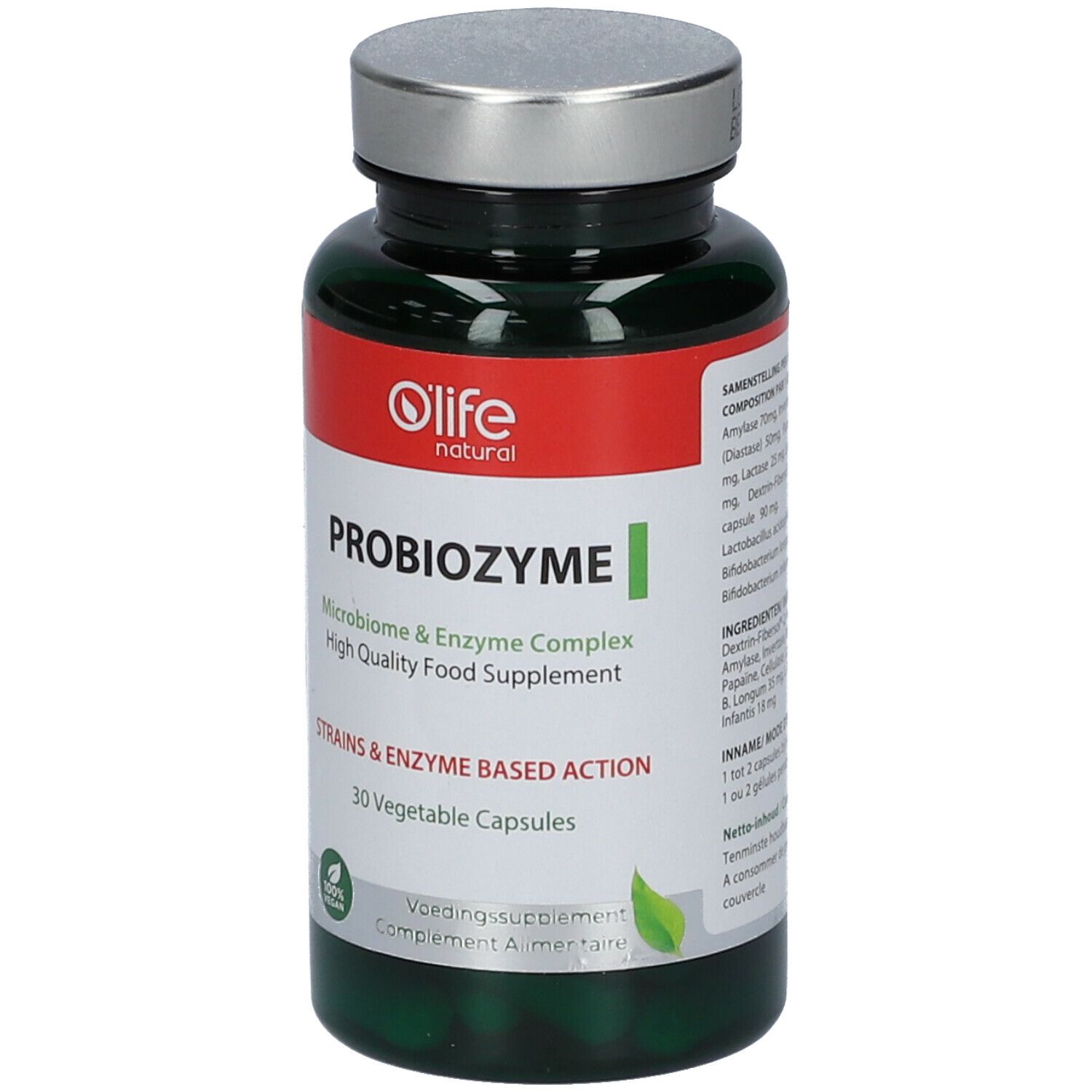 Flacon vert, bouchon argenté. Étiquette PROBIOZYME, marque O'Life natural. 30 gélules végétales.