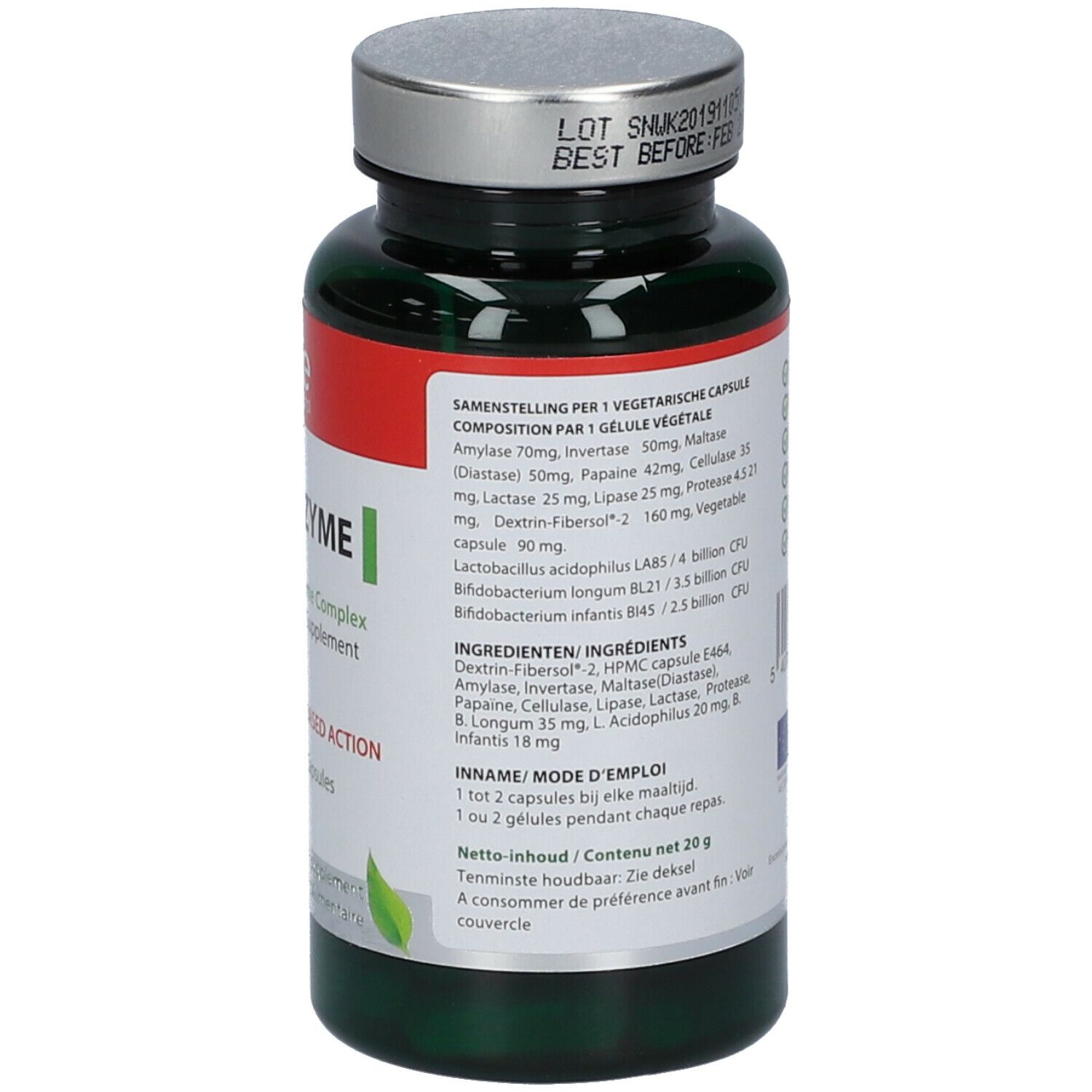 Dos du flacon. Étiquette avec ingrédients, 'Vegan Capsule'.