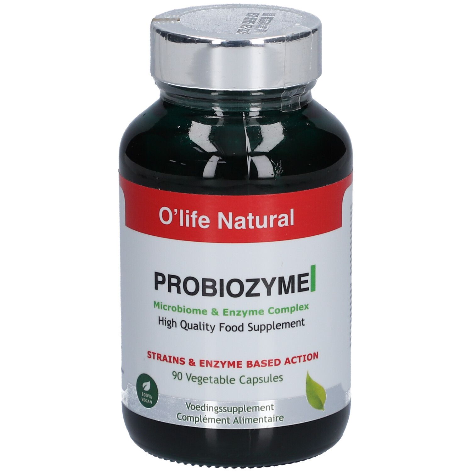 Flacon vert O'life Natural PROBIOZYME. 90 gélules végétales. Complément alimentaire de haute qualité.