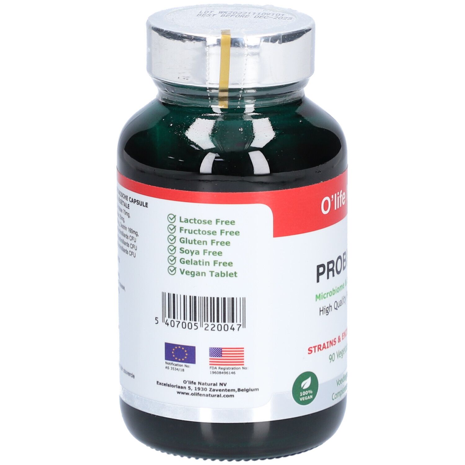 Dos du flacon vert O'life Natural PROBIOZYME. Informations sur les ingrédients et certifications.