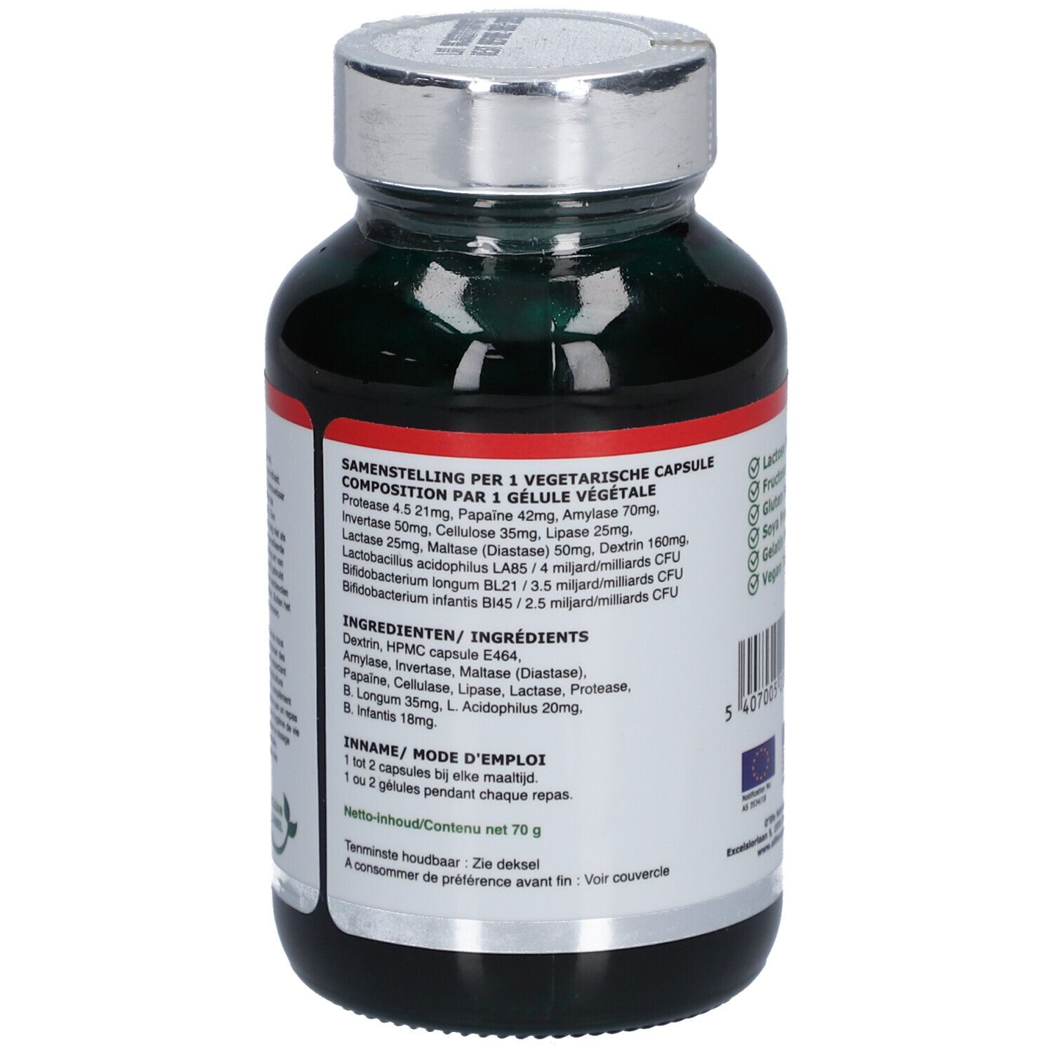 Dos du flacon vert O'life Natural PROBIOZYME. Liste des ingrédients et instructions d'utilisation.