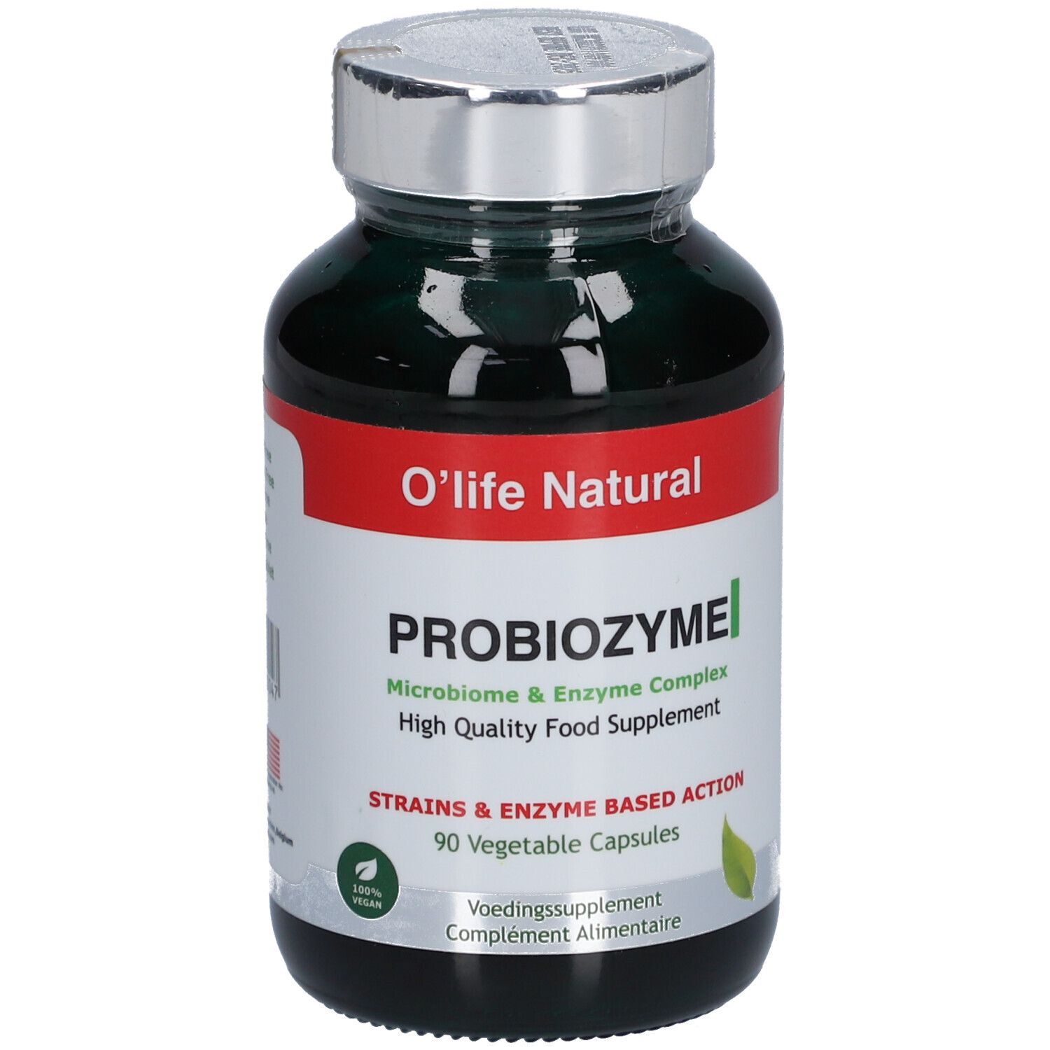 Flacon vert O'life Natural PROBIOZYME. 90 gélules. Complément alimentaire. Vue de face.