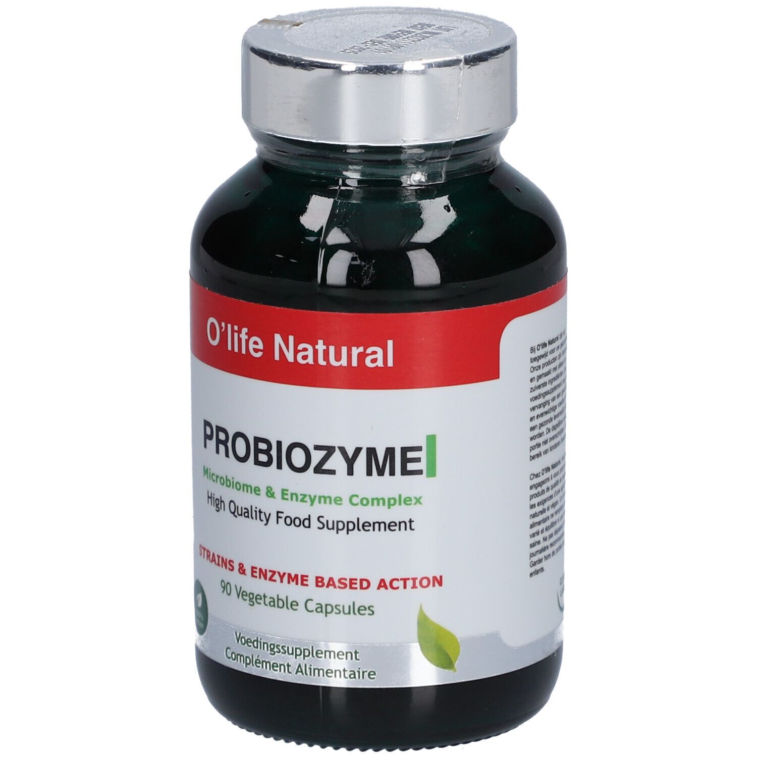 Flacon vert O'life Natural PROBIOZYME. 90 gélules. Complément alimentaire. Vue de face.