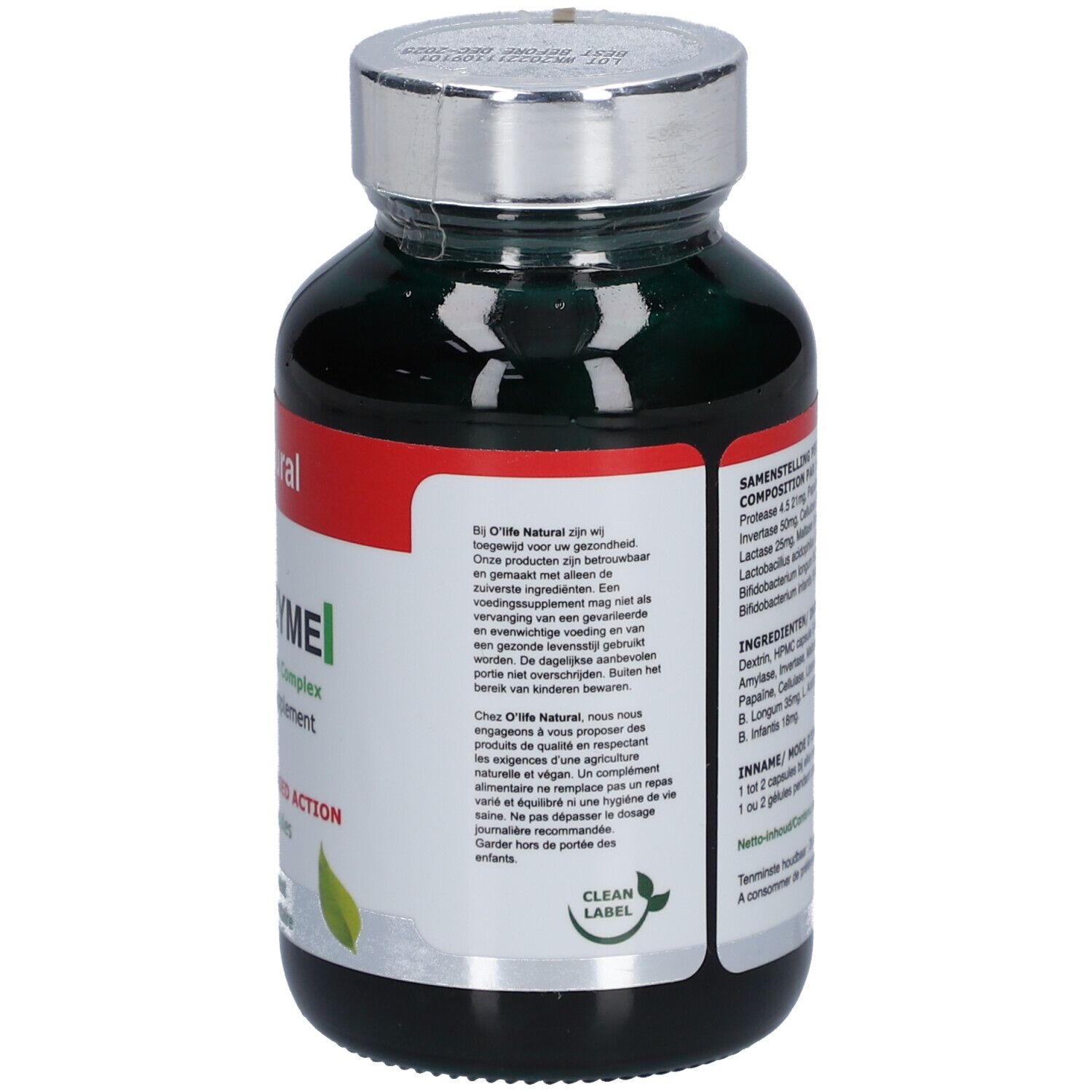 Dos du flacon vert O'life Natural PROBIOZYME. Texte et logo Clean Label.