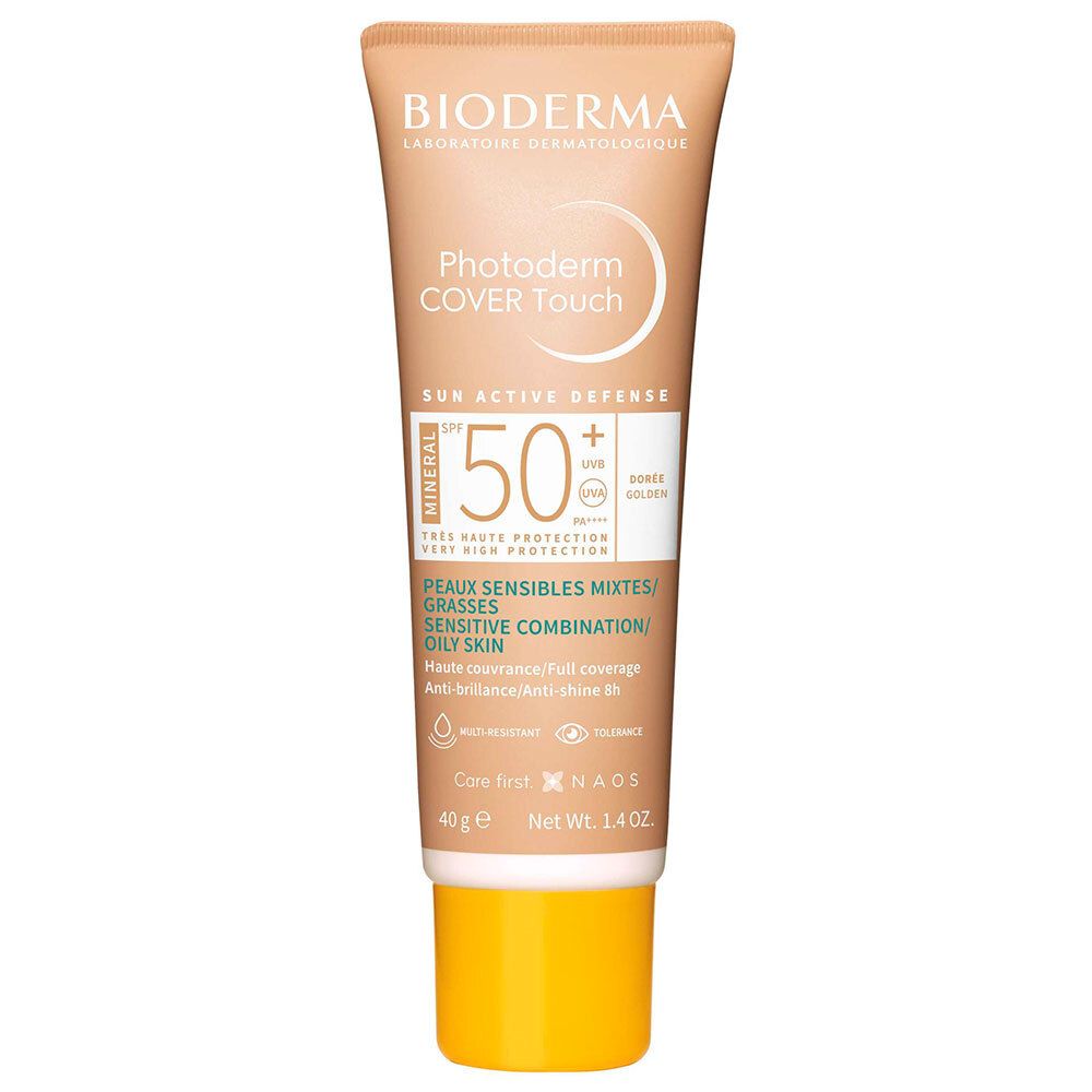 Tube Bioderma Photoderm Cover Touch Doré SPF50+. Bouchon jaune-orangé. Texte sur le tube.