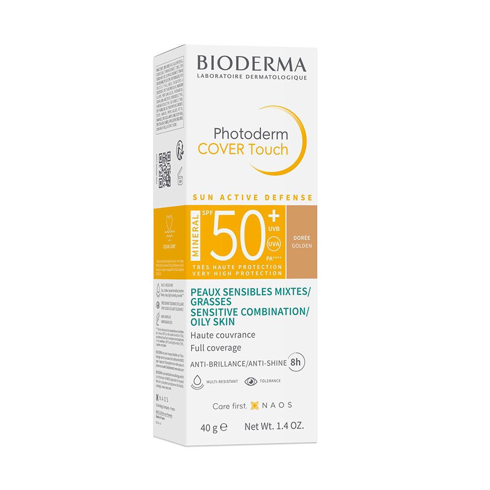 Emballage Bioderma Photoderm Cover Touch Doré SPF50+. Blanc, accents jaune-orangé. Texte sur l'emballage.
