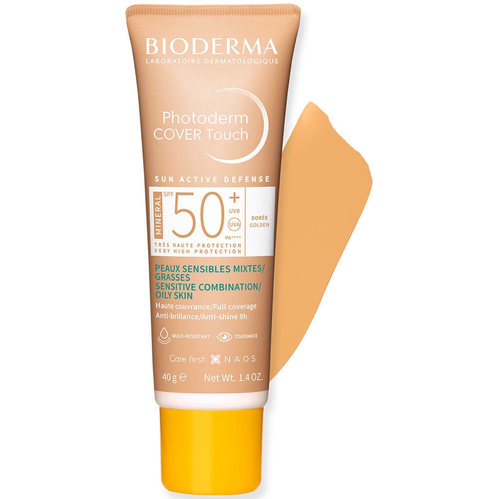 Tube Bioderma Photoderm Cover Touch Doré SPF50+ avec échantillon de couleur. Beige, bouchon jaune-orangé.