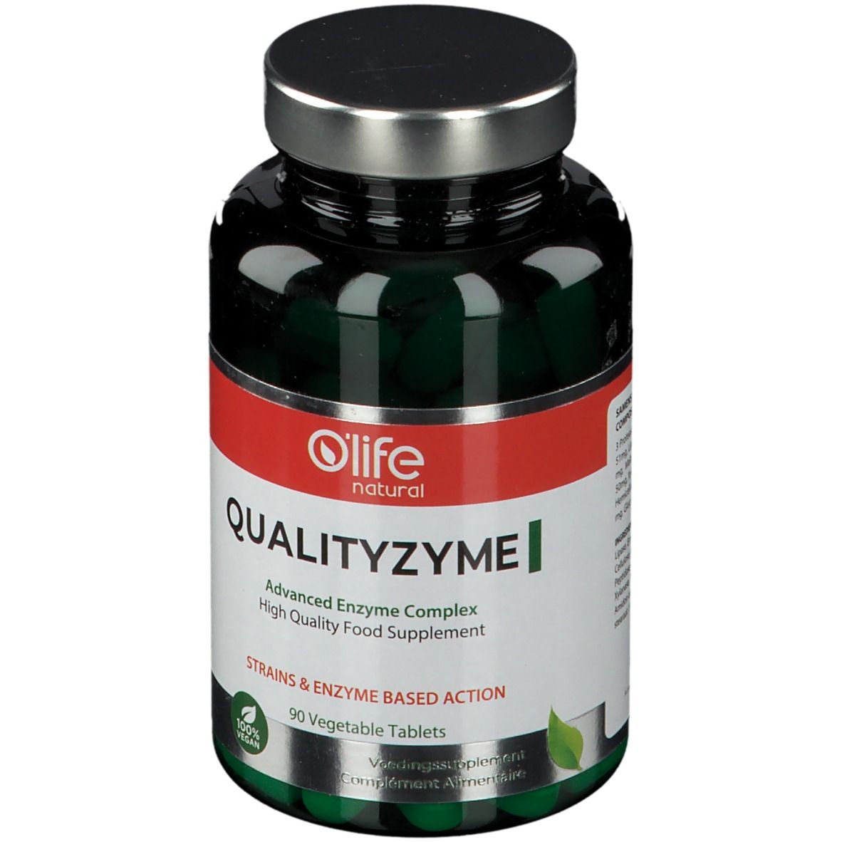 Close-up van de fles met groene capsules. Het etiket toont "O'Life natural QUALITYZYME I".