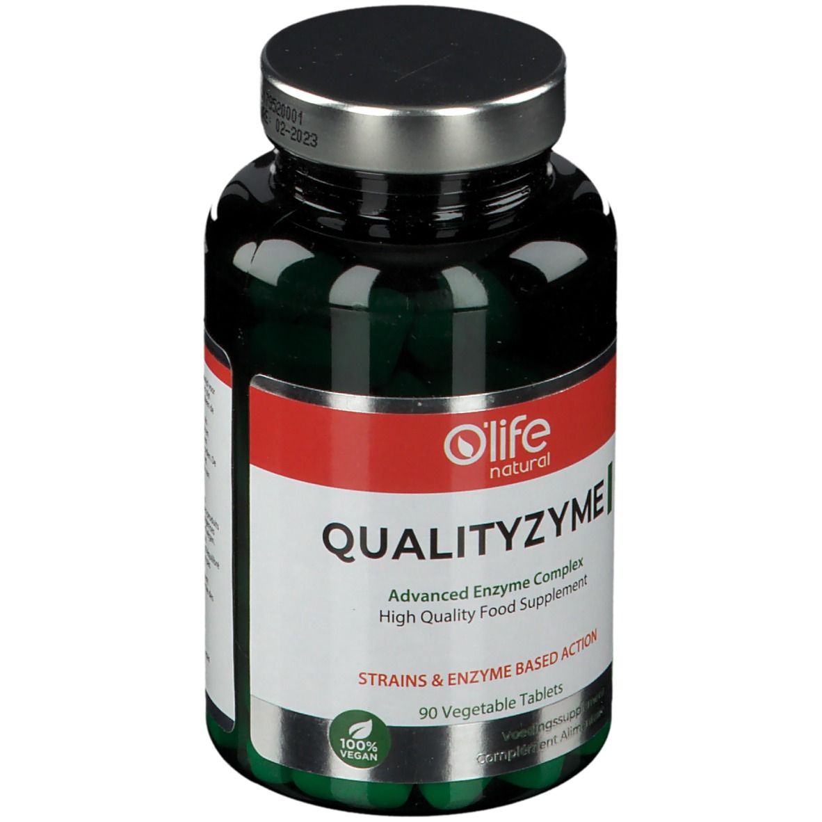 Fles met groene capsules. Het etiket zegt "O'Life natural QUALITYZYME I". Met houdbaarheidsdatum.