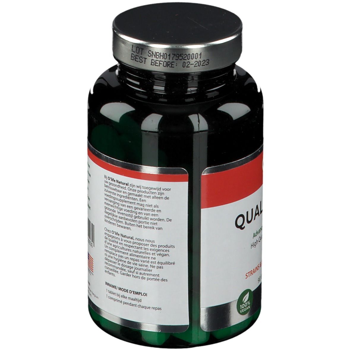 Fles met groene capsules. Het etiket zegt "O'Life natural QUALITYZYME I". Met houdbaarheidsdatum.