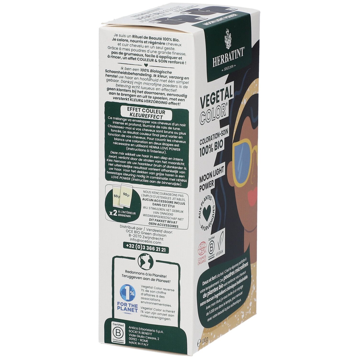 HERBATINT® Vegetal Color-Box. Rückseite mit Text und Logos. Enthält 2 Beutel. Vegan-Logo. Text: Color & Care.