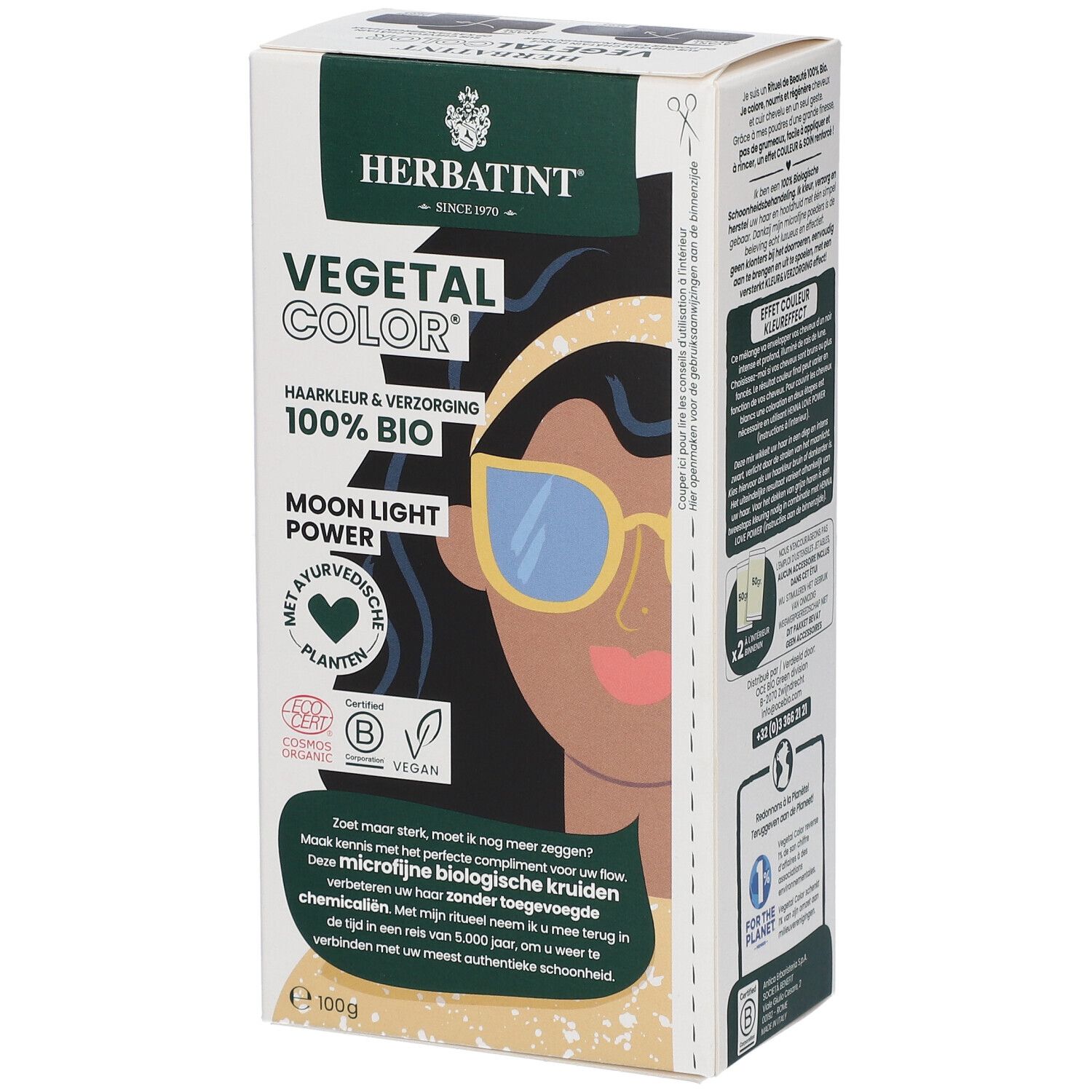 HERBATINT® Vegetal Color-Box. Seitenansicht mit Text und Logos. Aufdruck: Vegetal Color, 100% Bio, Moon Light Power. Vegan-Logo.