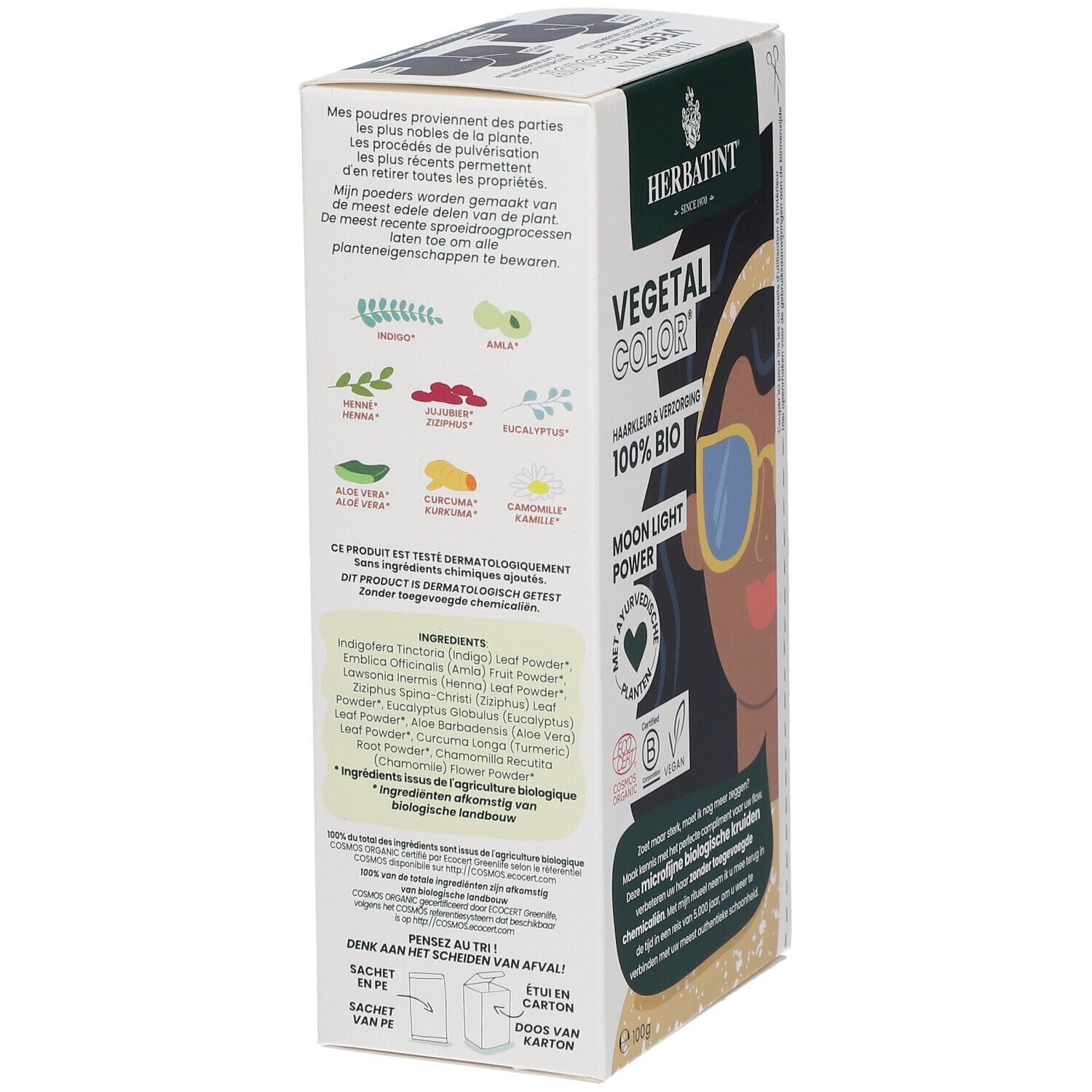 HERBATINT® Vegetal Color-Box. Seitenansicht mit Text und Logos. Aufdruck: Vegetal Color, 100% Bio, Moon Light Power. Inhaltsstoffe.