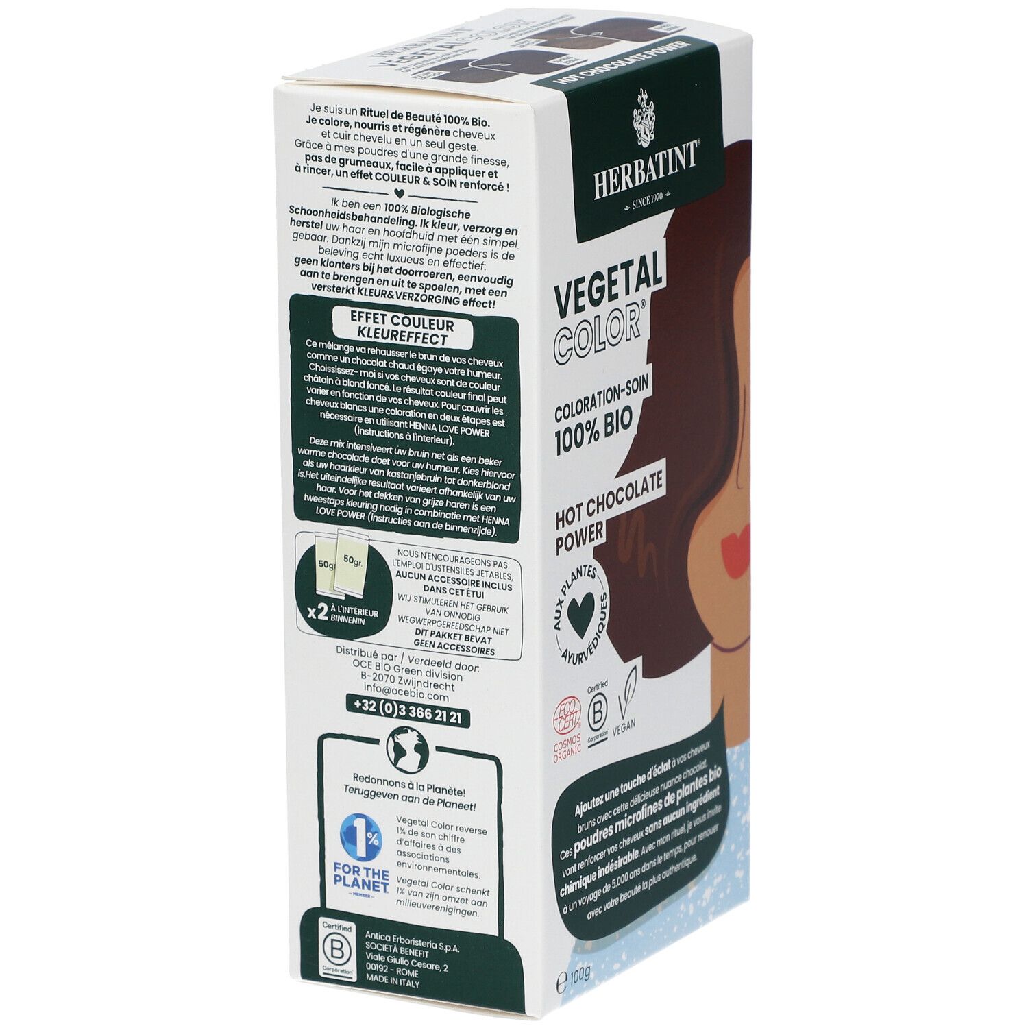 Achterkant van de verpakking HERBATINT® Vegetal Color. Tekst, logo, certificeringen en informatie over recycling.