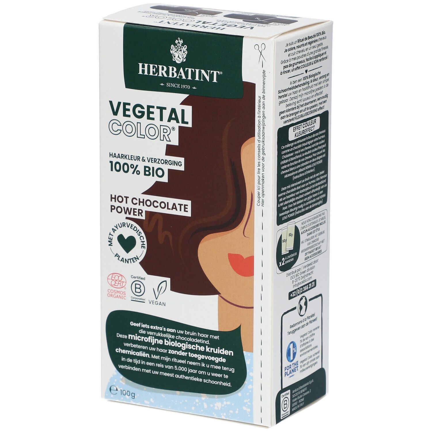 Verpakking HERBATINT® Vegetal Color. Opschrift: Haarkleur & verzorging, 100% Bio, Hot Chocolate Power. Met logo en certificeringen.