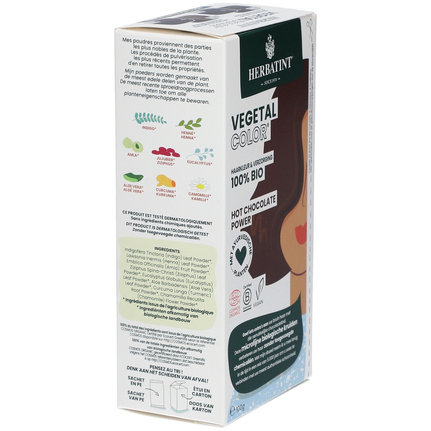 Verpakking HERBATINT® Vegetal Color. Opschrift: Ingrediënten, 100% Bio. Met logo en certificeringen. Illustraties van planten.