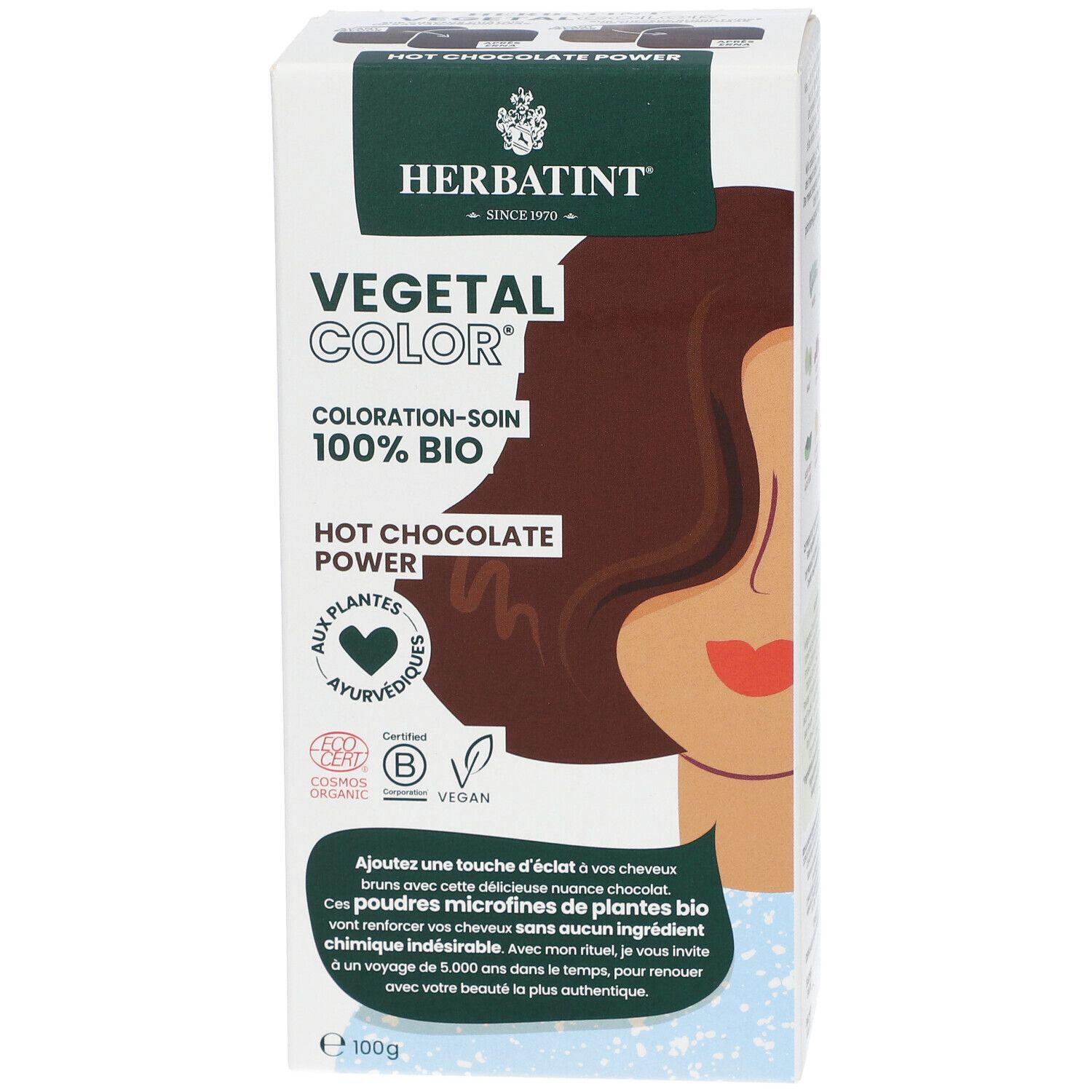 Verpakking HERBATINT® Vegetal Color. Opschrift: Vegetal Color, Hot Chocolate Power, 100% Bio. Met logo en certificeringen.