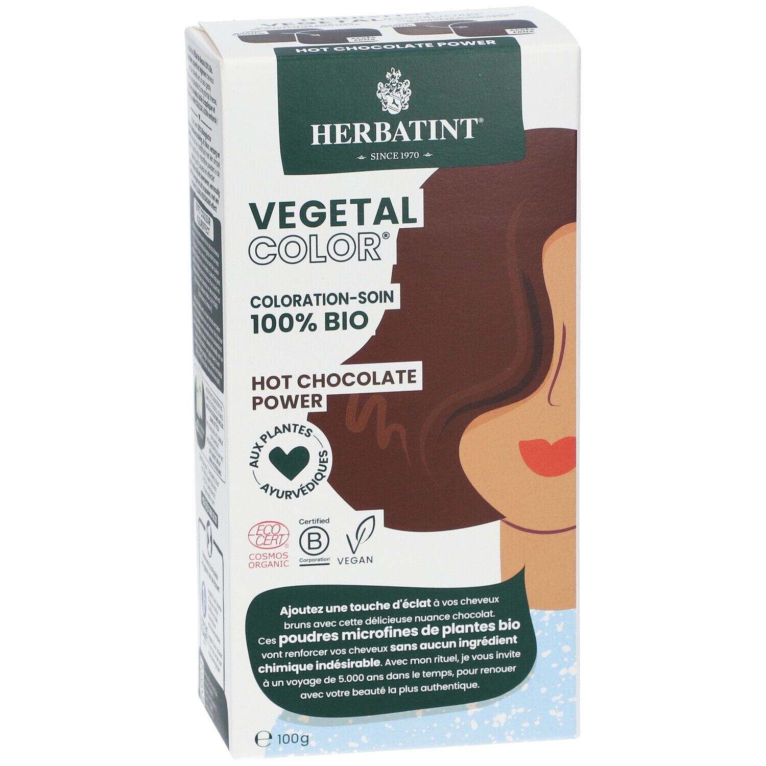 Verpakking HERBATINT® Vegetal Color. Opschrift: Vegetal Color, Hot Chocolate Power, 100% Bio. Met logo en certificeringen.