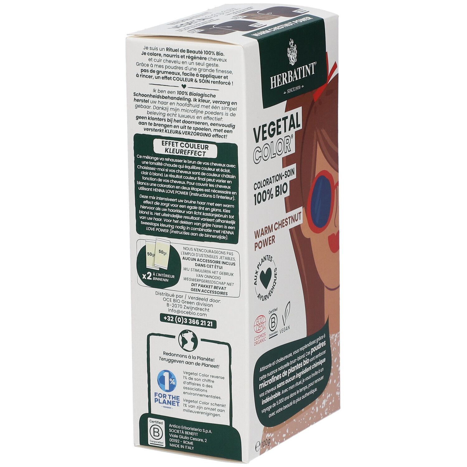 HERBATINT® Vegetal Color doos. Warm Chestnut Power. 100% Bio. Achterkant met tekst en illustratie.
