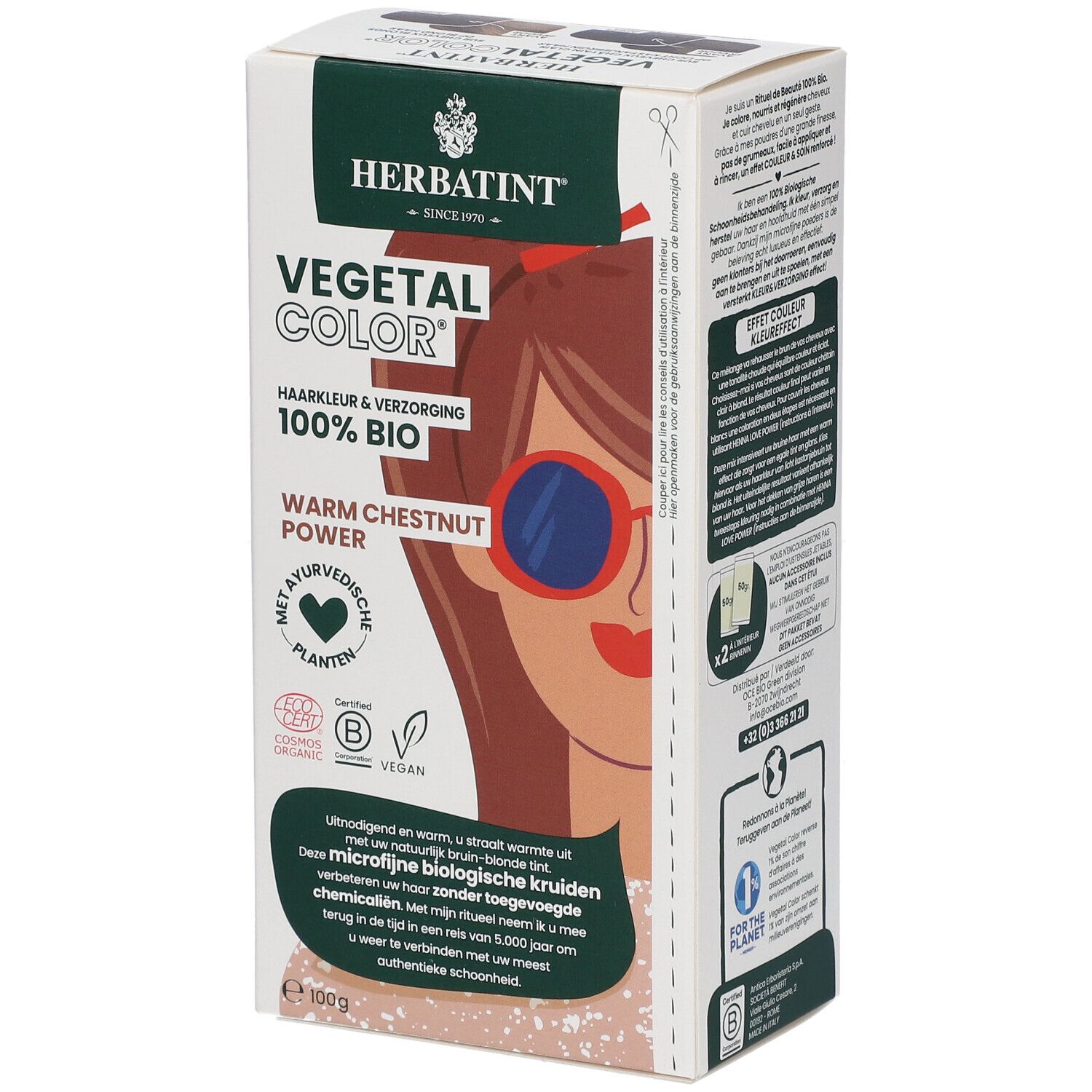 HERBATINT® Vegetal Color doos. Warm Chestnut Power. 100% Bio. Met illustratie van een vrouw en tekst.