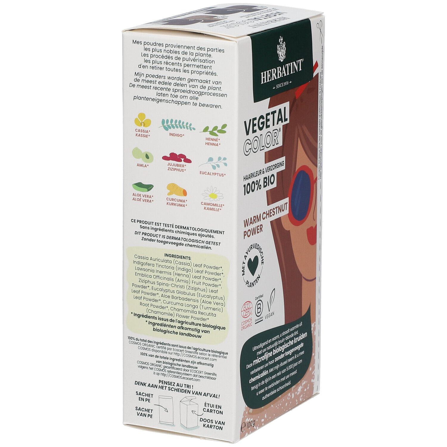 HERBATINT® Vegetal Color doos. Warm Chestnut Power. 100% Bio. Ingrediëntenlijst en illustraties.