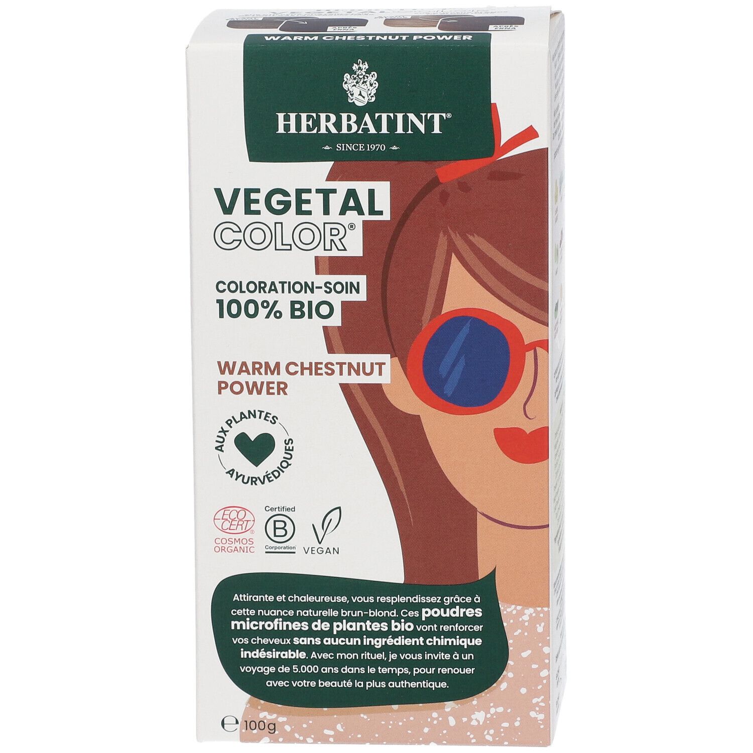 HERBATINT® Vegetal Color doos. Warm Chestnut Power. 100% Bio. Illustratie van een vrouw met zonnebril.