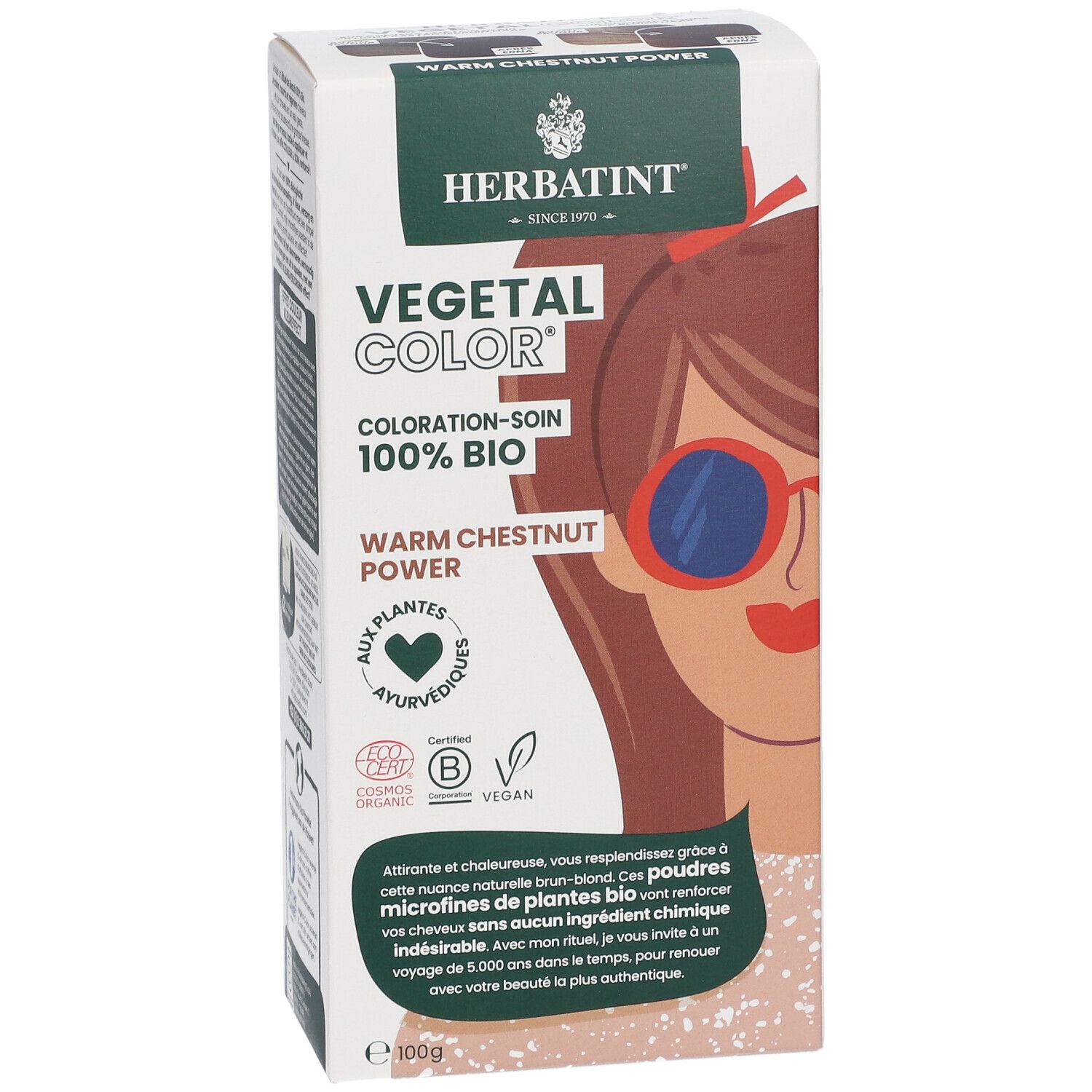 HERBATINT® Vegetal Color doos. Warm Chestnut Power. 100% Bio. Illustratie van een vrouw met zonnebril.