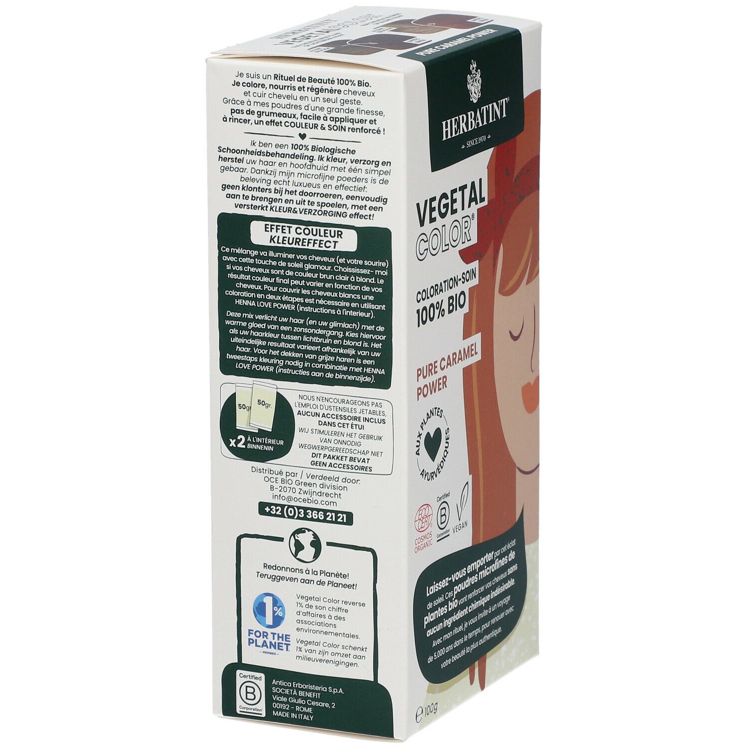 HERBATINT® Vegetal Color doos. Pure Caramel Power. Zijaanzicht. Tekst in het Frans en Nederlands. Vegan en Cosmos Organic gecertificeerd.