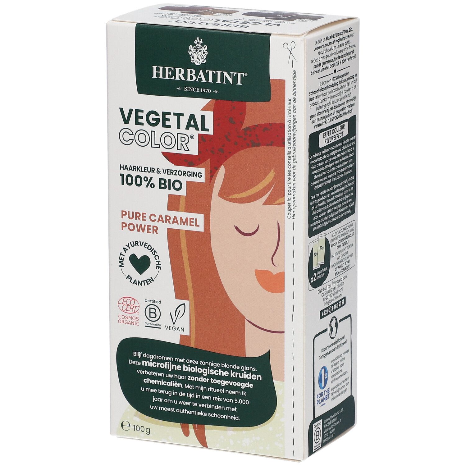 HERBATINT® Vegetal Color doos. Pure Caramel Power. 100% Bio. Vegan en Cosmos Organic gecertificeerd. Vooraanzicht.